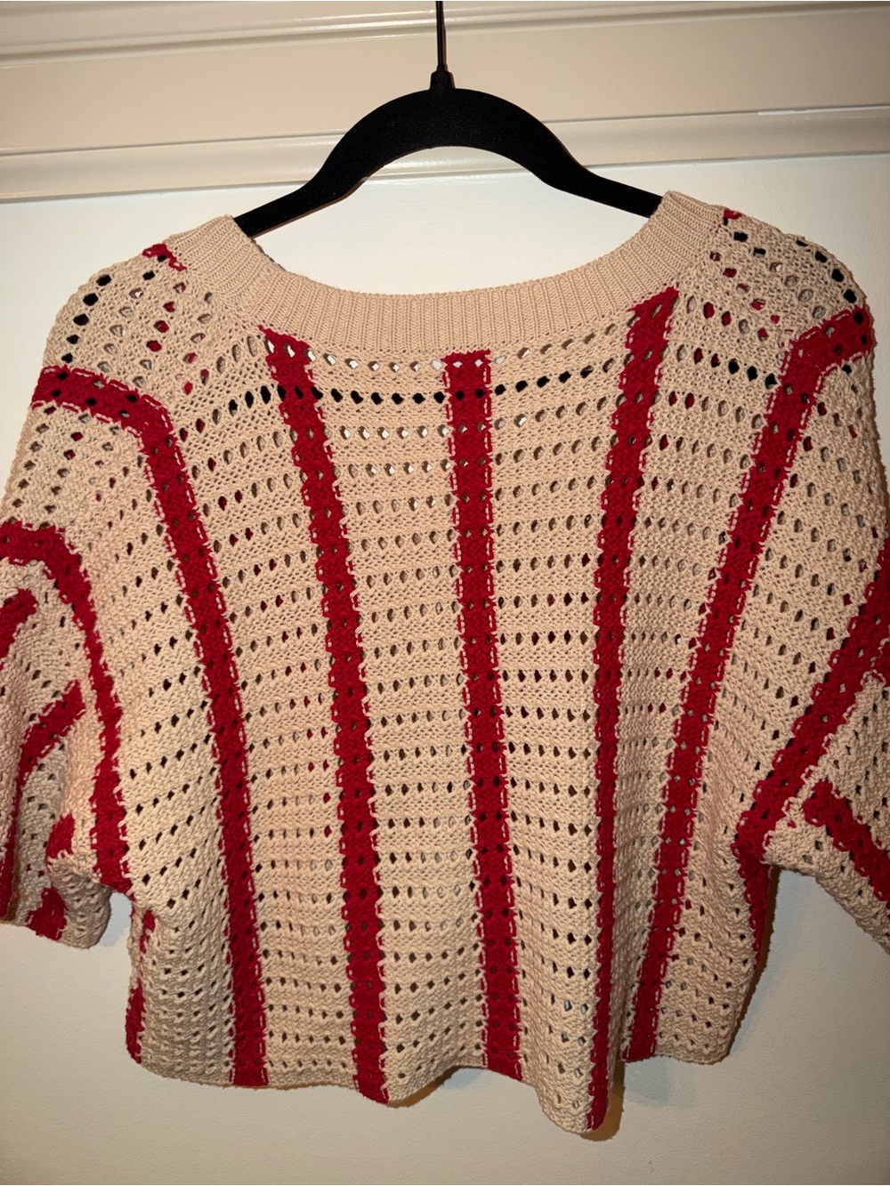 Short Sleeve Knit Crochet Cardigan Red Stripes Tortishelle Buttons Size XS